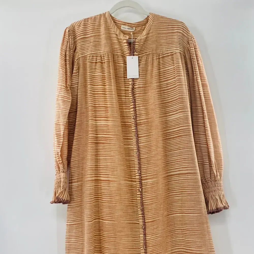 NEW Ulla Johnson Fiora Striped Shirt Dress Medium Sz 8 Beige Tan Brown Feminine
